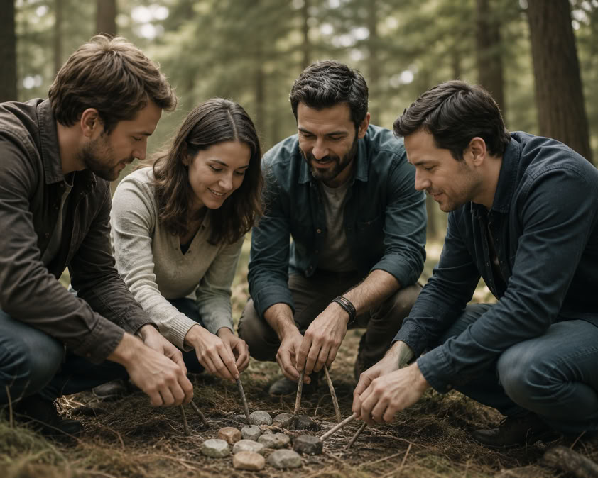 4 Menschen l&ouml;sen eine Teamaufgabe im Wald.