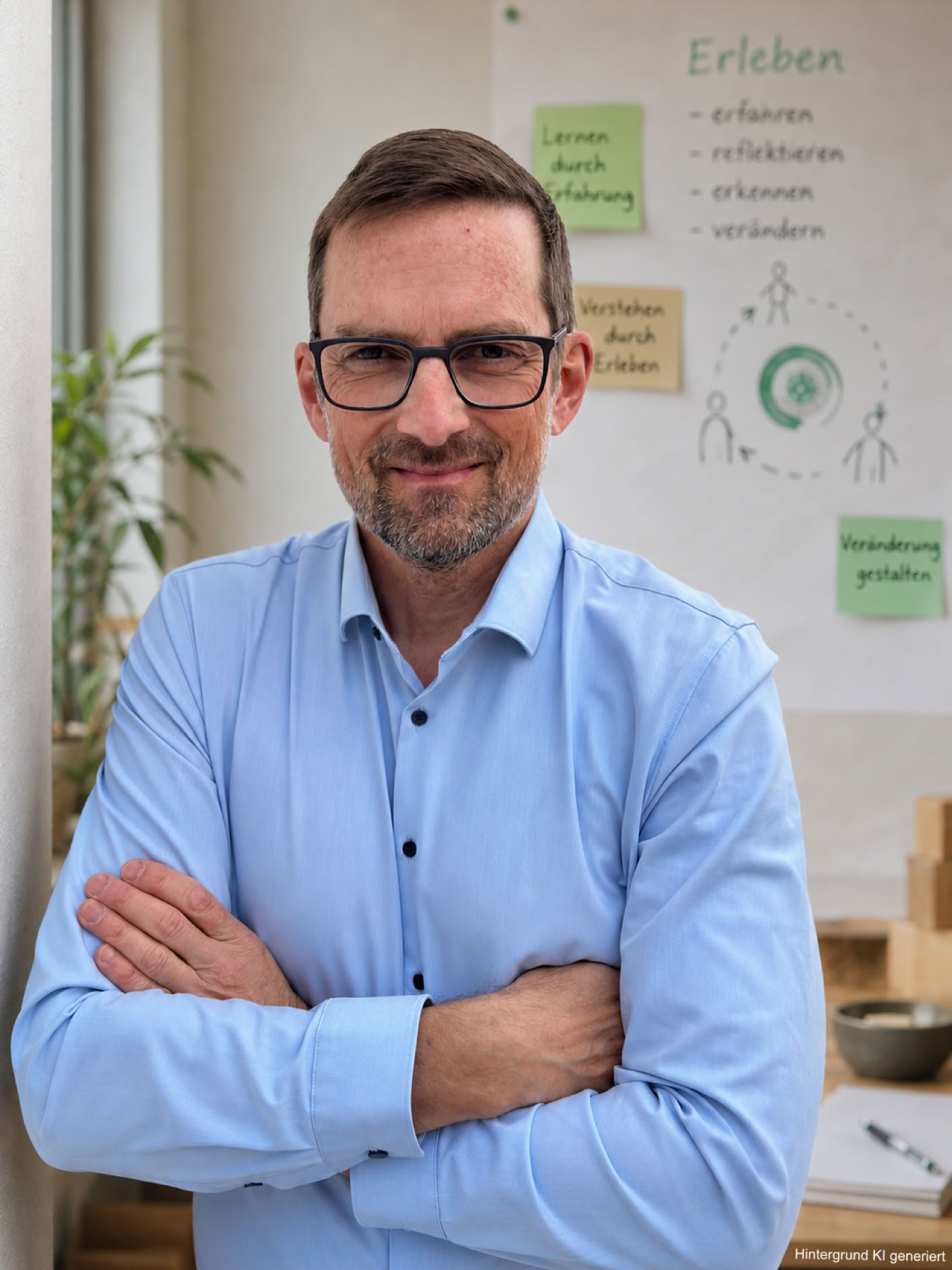Portrait des systemischen Beraters und Gr&uuml;nders von Spirit und Mind, Dr. Juergen Moosburger, mit verschr&auml;nkten Armen vor einem Whiteboard zur systemischen Entwicklung.