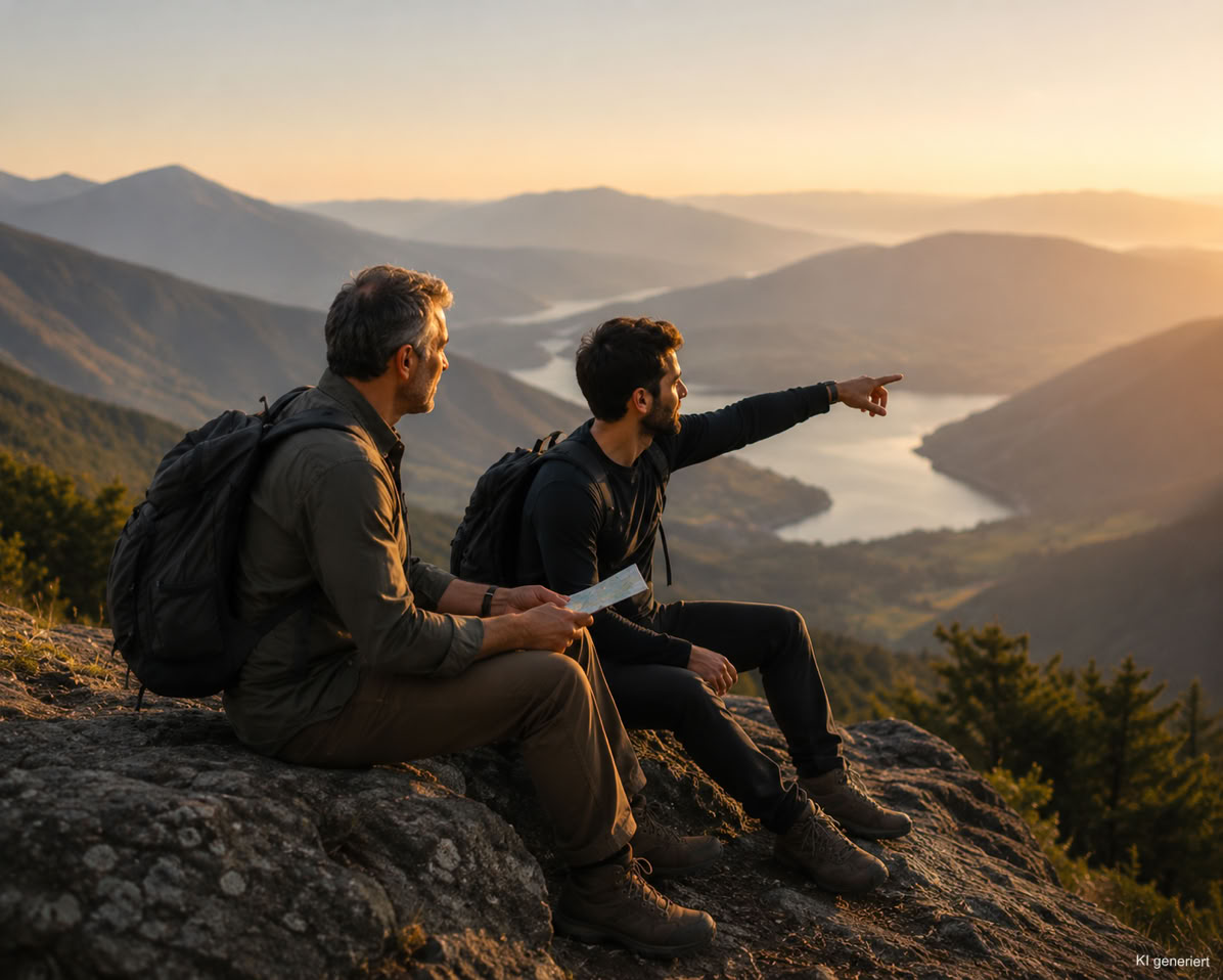Ein Coach und Coachee blicken gemeinsam von einem Berg in die Weite, als Zeichen f&uuml;r neue Perspektiven durch systemische Entwicklung bei Spirit und Mind.