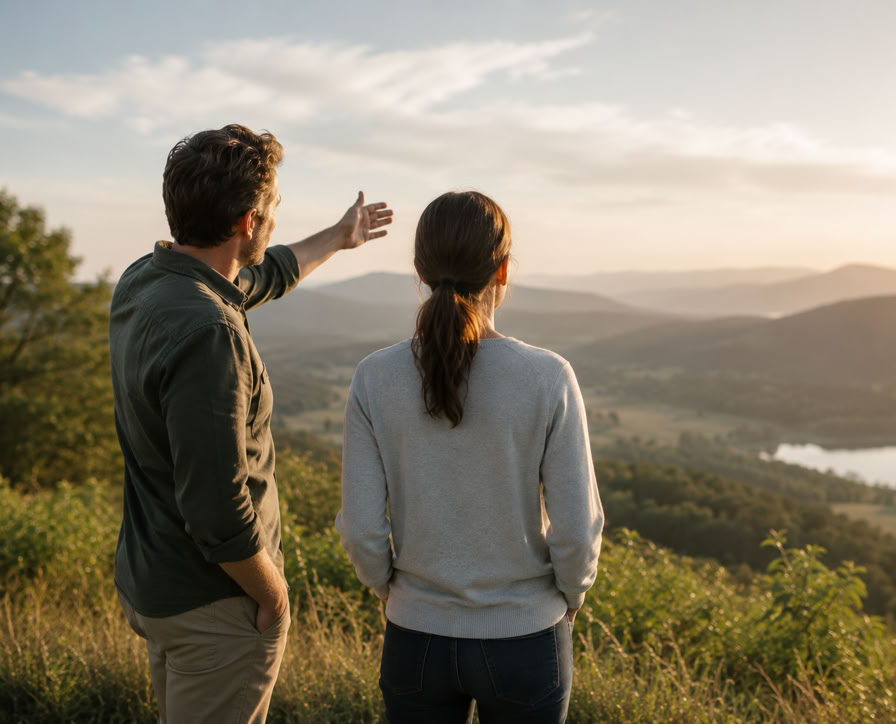 2 Menschen, von hinten zu sehen, schauen in die Ferne