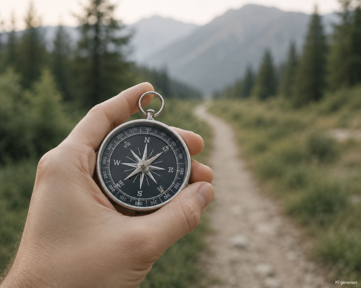 Eine Hand h&auml;lt einen Kompass auf einem Naturpfad, Sinnbild f&uuml;r Orientierung und zielf&uuml;hrendes Coaching bei Spirit und Mind.