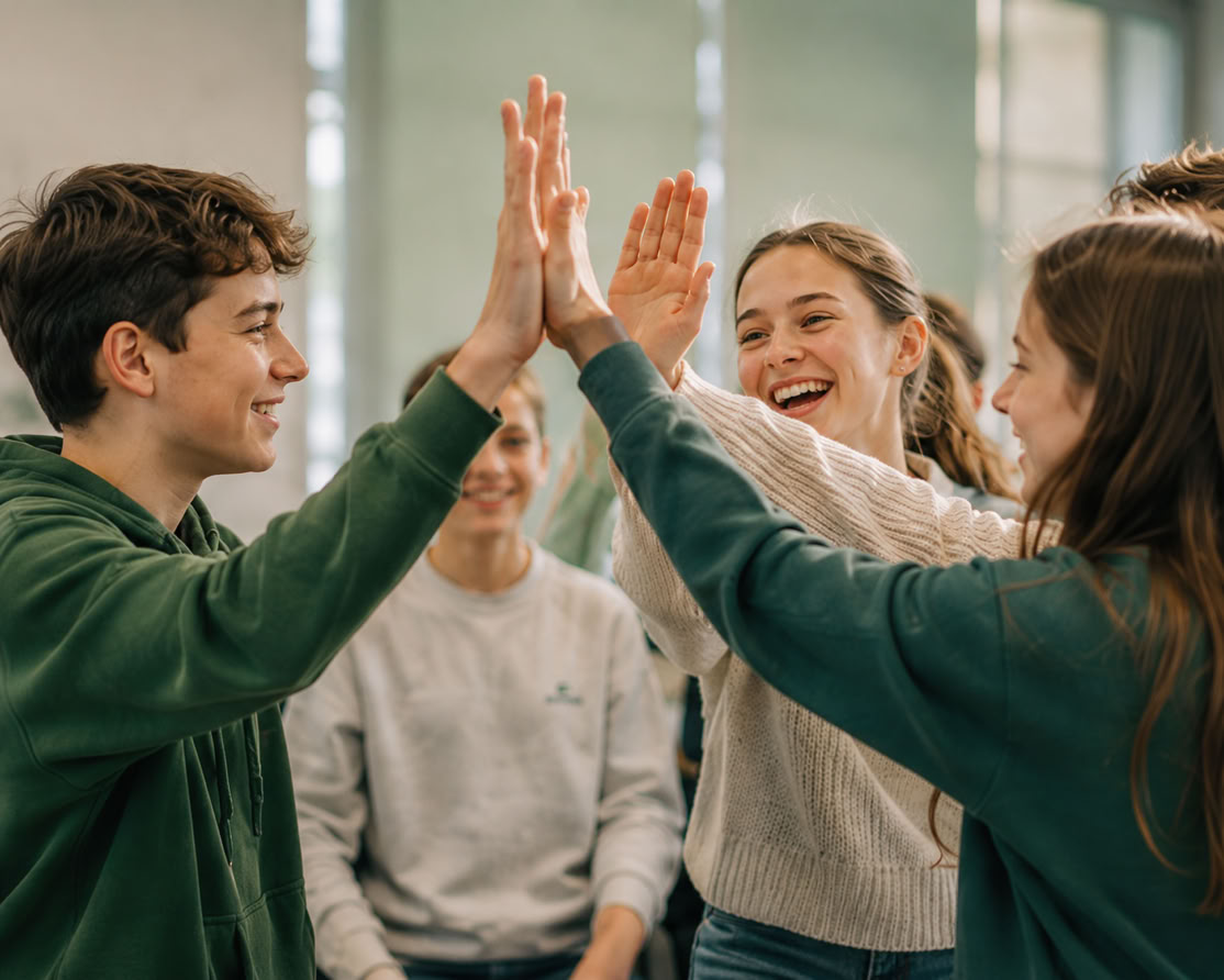 4 Sch&uuml;ler zu sehen, drei von klatschen mit einer Hand ab.